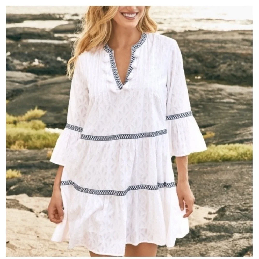 Tommy Bahama Cotton Clip Embroidered Tiered Cover Up Dress White & Blue Large - Picture 1 of 11